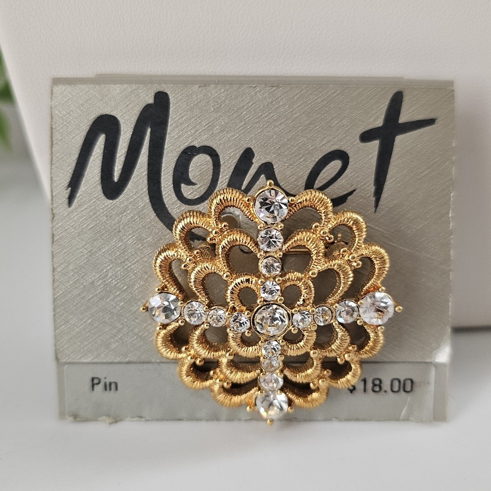 Vintage Signed Monet Gold Tone Rhinestone Openwork Statement Brooch Pin